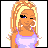 Pixelated image of a blonde woman in a purple tank top with hoop earrings, next to text reading "Blonde 4 ever!" on a starry background.