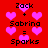 Red background with pink hearts and black text reading 'Zack + Sabrina = Sparks' repeated twice.