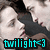 Pixelated image of a person with light skin and brown hair in profile, wearing a dark top, with cyan text overlay reading 'twilight<3' on a gray background.
