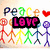 Colorful stick figures holding hands under 'peace' and 'love', a peace symbol with mirrored text, and abstract lines over green pixelated text.
