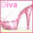 Pink high-heeled shoe icon with 'Diva' text in pink, showing animation frames where the heel shifts position across six