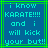 Pixelated blue background with cyan text reading 'i know KARATE!!!! and i will kick your but!!' framed by green lines
