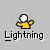Pixelated yellow figure with white head and outstretched arms, repeatedly shown with purple lightning bolts and black rock piles beneath text.