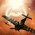 Static pixelated image of a dark aircraft silhouette against an orange and white gradient background with faint circular light effects.