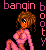 Pixel art buddy icon featuring a cartoon character with brown hair and pink clothing against black background, with 'bangin booty' text in pink letters.