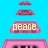 Pixelated pink and yellow text icons on a bright blue background, with 'peace' and 'love' visible in the top