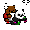 Pixel art animation of a brown bear and panda hugging with thought bubbles, showing subtle pose changes across four frames.