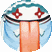 A circular icon with a light blue base, white star patterns on top, and an orange vertical stripe; the top edge shows red accents in one frame.