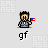 Pixel art character with dark hair and gray shirt holding red-blue flag, displaying multiple expressions and gestures including speech bubbles.