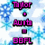 Pixelated text displays 'Taylor + Aura = BFFL' on left with blue snowflake background; right shows green text 'Alandi lover Lyla 43' over pink floral pattern and scattered black-and-white dots.