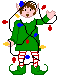 Pixelated elf in green tunic and striped leggings holding tangled string lights with red, blue, yellow bulbs against gray background.