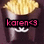 Pixelated image of a character with blonde hair, white teeth, and pink text reading 'karen<3' over a dark background.