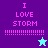 Pixelated text "I LOVE STORM" with dotted lines and a star icon on purple, blue, cyan, and light blue backgrounds.