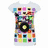 A static icon featuring a white T-shirt with colorful square patterns and a black circular design on the front.