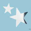 Two white five-pointed stars on a light blue dotted background, one star positioned above and to the left of the other.