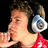 Pixelated image of a person wearing large silver headphones, red clothing, and a hand near their face, set against a red background with blue text elements.