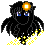 Animated sequence showing a black spider-like figure transforming into a blonde anime character with star effects and yellow particle bursts.