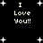 Black background with white pixelated text "I Love You!!" repeated four times and scattered plus signs as stars.