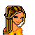 Pixel art contact sheet showing two frames of a female character with long blonde hair wearing an orange star shirt and dark pants, accompanied by text and symbols.