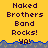 Yellow background with dark purple text reading "Naked Brothers Band Rocks!" and "YAY!" in pixelated font, blue and gray wave-like border at bottom.