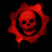 Red pixelated skull icon with jagged edges and a dripping effect on the lower left, set against solid black background.