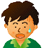 Pixelated avatar with brown hair and green shirt showing three expressions: sweating, smiling closed eyes, laughing open mouth.