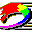 Five pixelated cartoon horses with rainbow-colored bodies in various poses on a gray background with black and yellow horizontal lines.