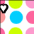 Pixelated icon with colorful polka dots and two black-and-white symbols on a white background.