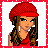 Pixelated character with red beret and top, brown hair, white earrings against white background; adjacent shows 'Amber' text on pink radial burst