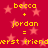 Red background with pink stars and yellow text reading 'becca + jordan = merst friend' repeated twice.