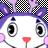 A cartoon character with large eyes, purple ears, and pink cheeks holds a red lollipop against a checkered background.