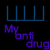 Pixelated purple text on black background with blue top bar and gray rectangle, reading 'My anti drug didn't work too well' across multiple lines.