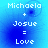 Blue-toned pixelated image with white text reading "Michaela + Josue = Love" arranged in four identical quadrants on a gradient background.