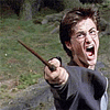 A person in a dark robe holds a wooden wand, mouth open in an exaggerated expression across six with changing text overlays
