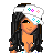 Pixelated character with long black hair wearing white headband and bikini, holding shopping bag with colorful symbols.