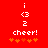 Red background with white pixelated text and orange symbols; two identical frames show 'i', '<3', '2', 'cheer!', and five orange symbols below.