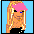 Pixelated icon of a blonde woman with pink headband and blue eyes, wearing black top against light blue background.