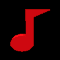 Red musical note icons in four , each showing a different rotation and perspective of the same 3D object against black background