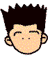 Pixelated cartoon head with spiky black hair, closed eyes in first frame, open eyes and mouth in second frame.