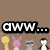 Pixelated cartoon character with pink cheeks and a purple body, positioned below text reading 'aww...' on white background.