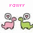 Pixelated image with pink text 'POWFF' above two dinosaur icons holding sushi rolls.