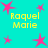 Cyan background with pink star shapes and yellow text reading "Raquel Marie" in four locations.