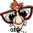 Pixelated cartoon character with orange hair, red glasses, and a large nose, wearing a white shirt with black text reading "GEEK."