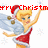 Pixelated image of a blonde character in red Santa outfit with wings, holding up hand with sparkles, text 'Merry Christm' above.