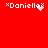 Red background displays four pixelated text variations of 'Danielle' with decorative symbols and animation effects.