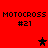 Red background displays "MOTOCROSS #21" text with two star icons, one black and one red, in a