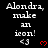 A black background displays repeated white text 'Alondra, make an icon!' with '<3' and red heart symbols, transitioning to a gray area at the bottom right.