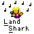 Pixelated character with blonde hair, orange face, purple dress, and green object, surrounded by black musical notes on gray background with 'Land Shark' text below.