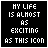 A 4x3 contact sheet of 12 animated frames showing a pixelated text-based icon with the phrase "MY LIFE IS ALMOST AS EXCITING AS THIS ICON" on black backgrounds, varying in brightness and contrast across frames.