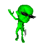 Green cartoon alien with black sunglasses, silver knife in right hand, performing sequential gestures including waving, pointing, and standing still.